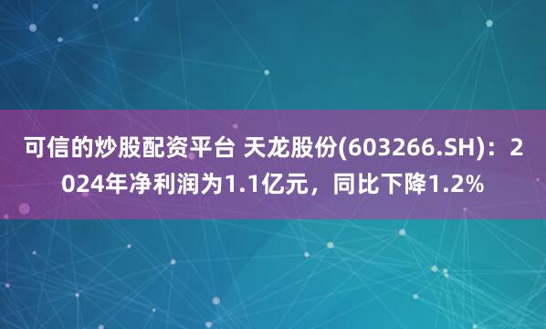 可信的炒股配资平台 天龙股份(603266.SH)：2024年净利润为1.1亿元，同比下降1.2%